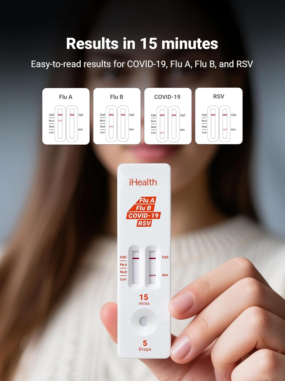 iHealth Flu A/B, COVID-19 & RSV 4-in-1 Antigen Rapid Test, Results in 15 Minutes, FDA Authorized OTC Home Test, Non-Invasive Nasal Swab, Easy to Use & No Discomfort (1 Pack, 4 Tests Total) - Image 2