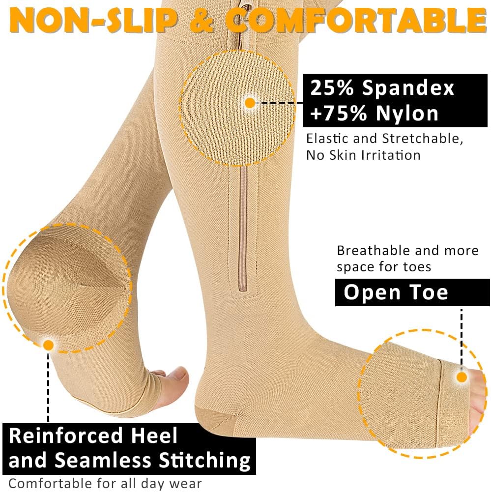 CASMON 15-20mmHg Zipper Compression Socks for Women and Men, Knee High Compression Stockings, Medical Open Toe Support Socks for Varicose Veins, Post-surgery, Swelling, Nurses, Pregnancy (1 Pair) - Image 3