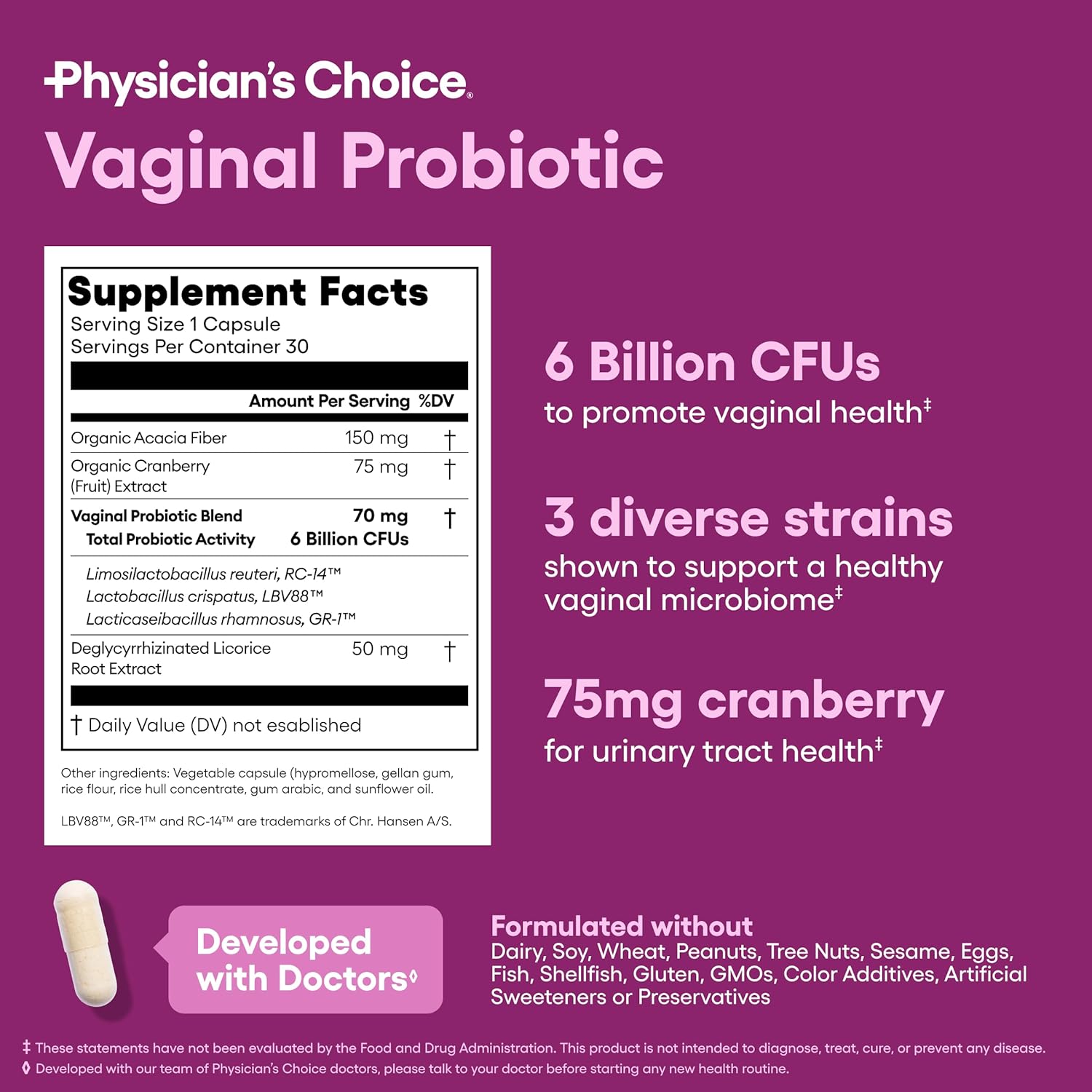 Physician's CHOICE Vaginal Probiotics for Women - pH Balance, Odor Control, Yeast Balance, Vaginal Flora & Feminine Health - 6B CFU with Organic Prebiotics and Cranberry Extract - 30 CT - Image 6