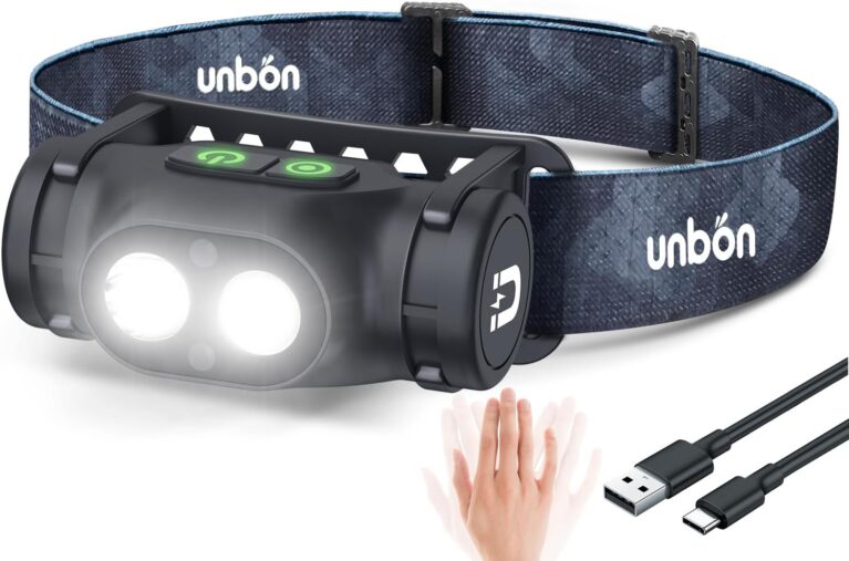 UNBON Stirnlampe LED wiederaufladbar, Stirnlampe wiederaufladbar, USB C, extrem hell, dimmbar mit 3 Lichtmodi, Sensor und Magnet, IPX4 wasserdicht, Stirnlampe LED wiederaufladbar, für Wandern, Angeln