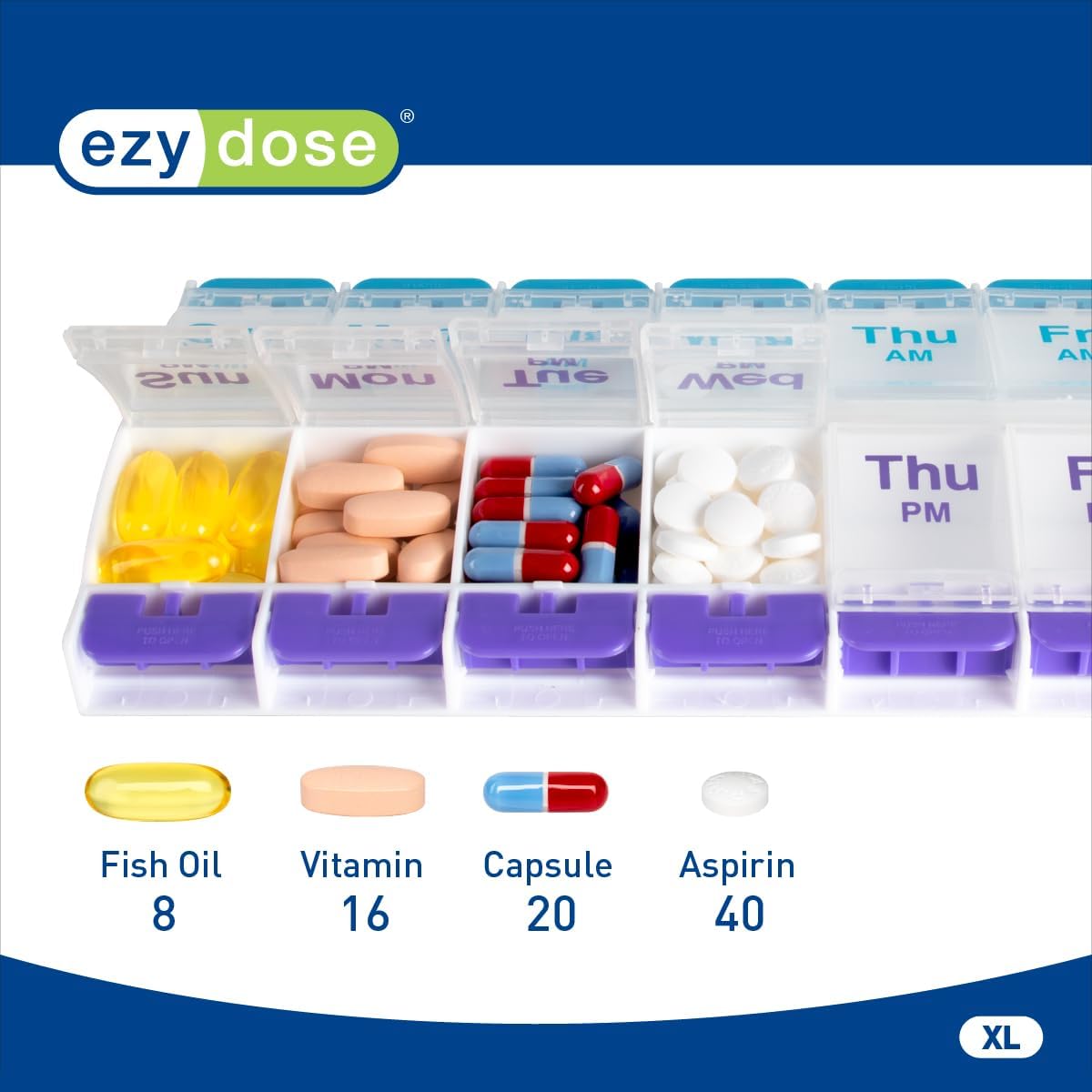 EZY DOSE Push Button (7-Day) Pill Case, Medicine Planner, Daily Vitamin Organizer, 2 Times a Day AM/PM, X-Large Compartments, Arthritis Friendly, Easy to use, Clear Lids, Purple and Blue, BPA Free - Image 3