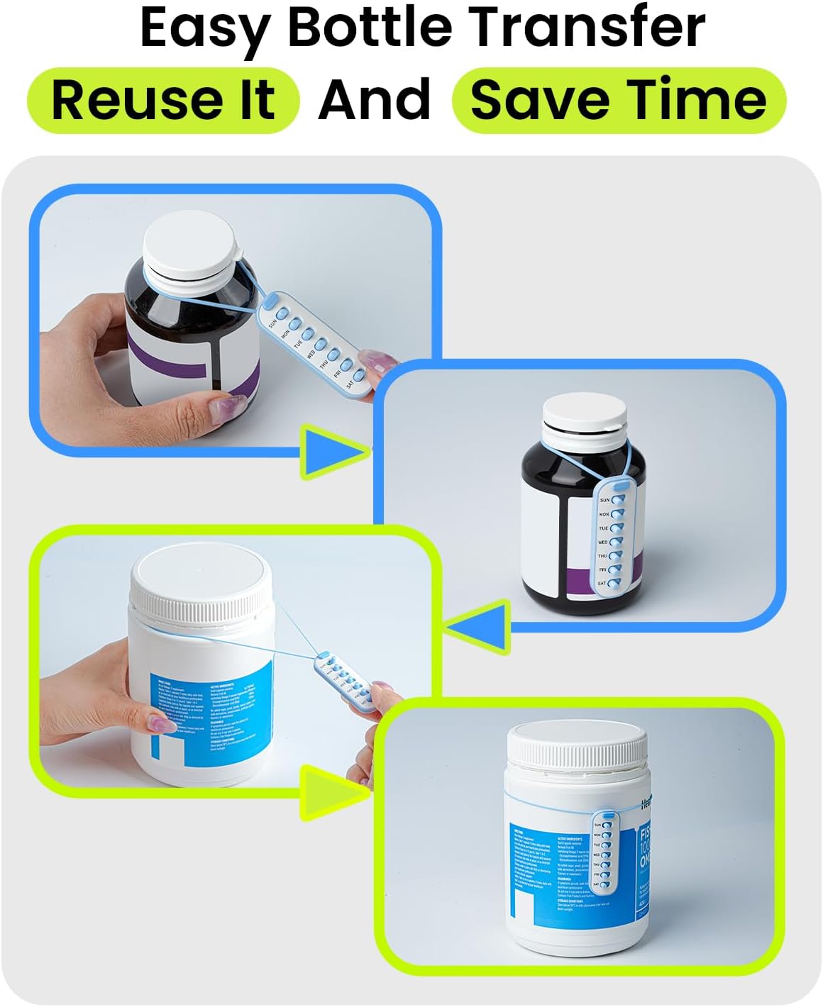 Odaro 2 Pack Pill Reminder, Lanyad or Sticker Pill Tracker, Work with Most Bottles, Reusable Medication Tracker Replacement of Vitamin Weekly (7 Day) Medicine Organizer - Image 7