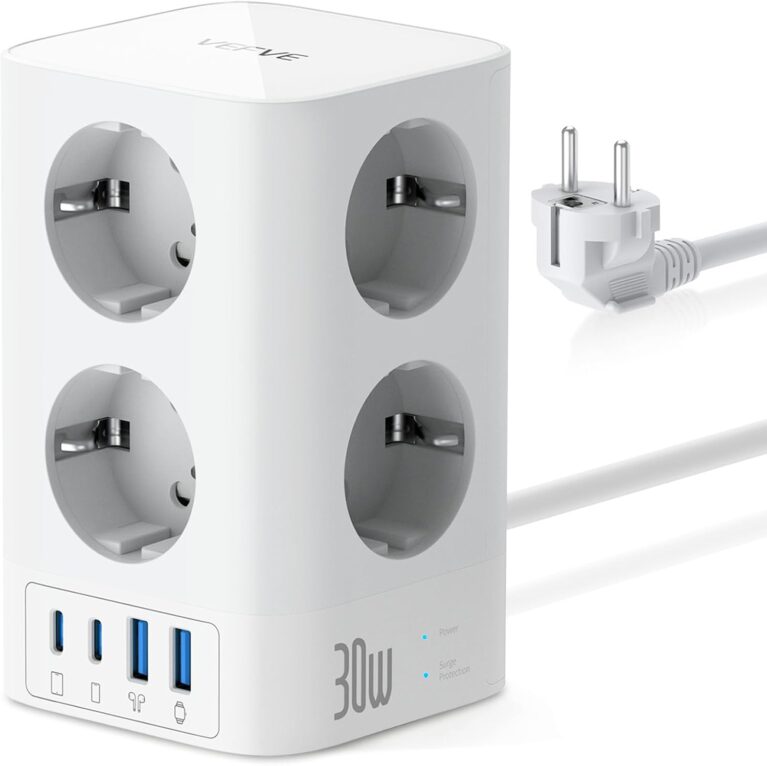 VEFVE Mehrfachsteckdose mit USB C 30W Schnellladung, 8-fach Steckdosenturm mit 4 USB, Steckdosenleiste mit Schalter-Überspannungsschutz, 2m Kabel, 4000W 16A, für Büro, Zuhause, Gaming