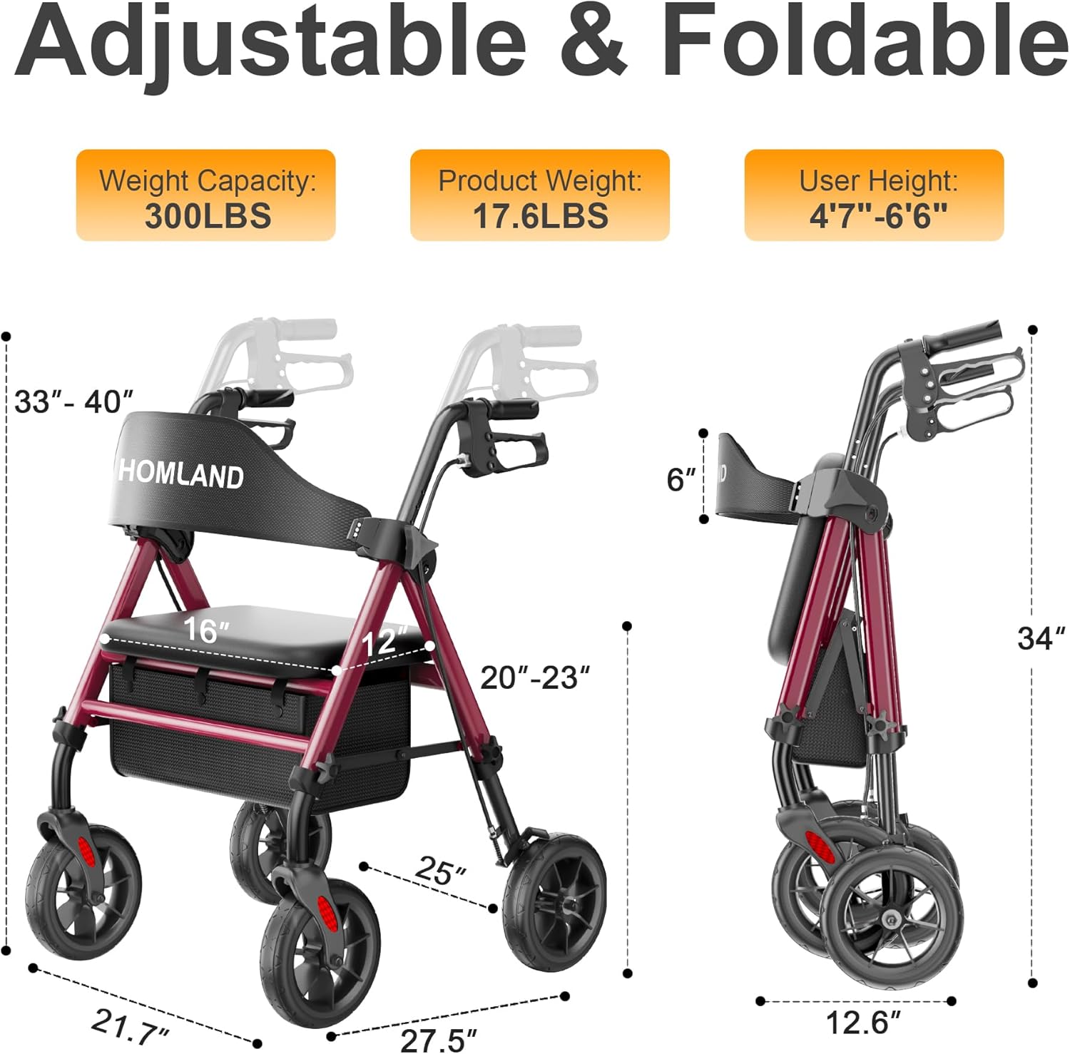 HOMLAND Walkers for Seniors with Seat, Foldable Rollator Walker, Reinforced Aluminum Frame, 8" Big Rubber Wheels for All Terrain, Height Adjustable Lightweight Rolling Walker - Image 5