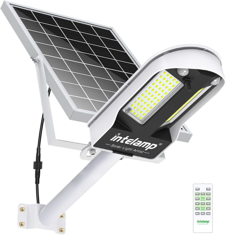 INTELAMP Solar Straßenlaterne mit Fernbedienung, 12500 mAh 3000 LM Solarstrahler Außen 6500 K Straßenlaterne Wandleuchte mit Bewegungsmelder Sensor Außenwegleuchte Außenstraßenlaterne