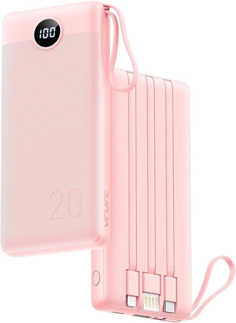 VRURC Powerbank 22,5 W Schnellladung, 20000 mAh Powerbank mit Kabel, tragbares Ladegerät, USB-C-LED-Display, externe Handy-Akkus, Smartphone, kompatibel mit iPhone, Huawei, Samsung usw. – Pink