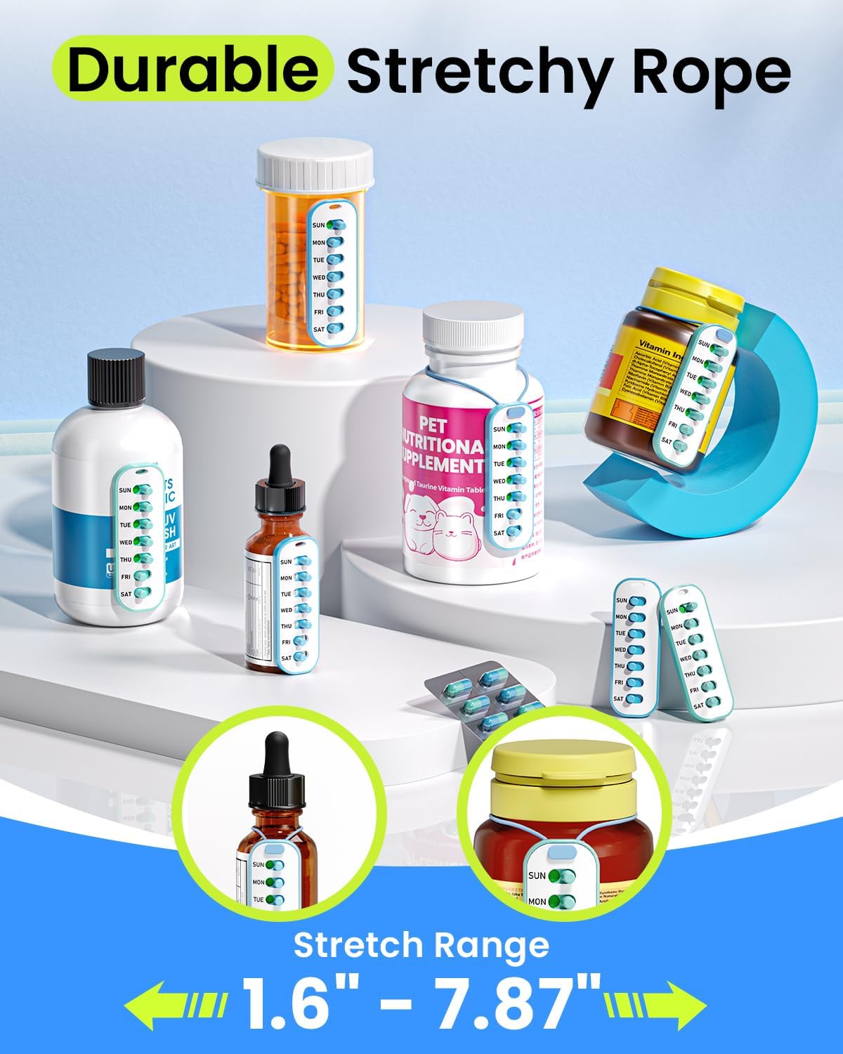 Odaro 2 Pack Pill Reminder, Lanyad or Sticker Pill Tracker, Work with Most Bottles, Reusable Medication Tracker Replacement of Vitamin Weekly (7 Day) Medicine Organizer - Image 6