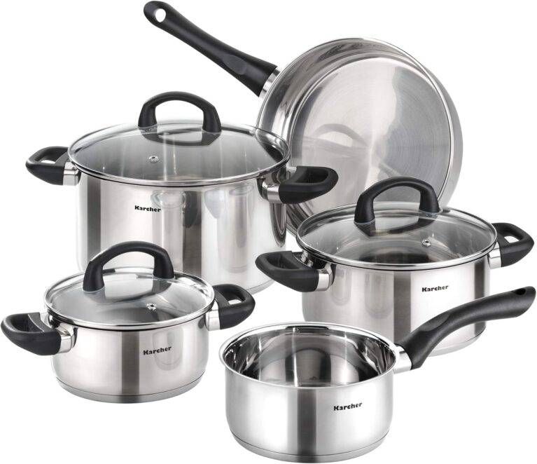 Karcher Mia 5-teiliges Edelstahl-Kochgeschirr-Set, Set aus Induktions-Kochtöpfen mit Glasdeckel, Kochtopf und Bratpfanne