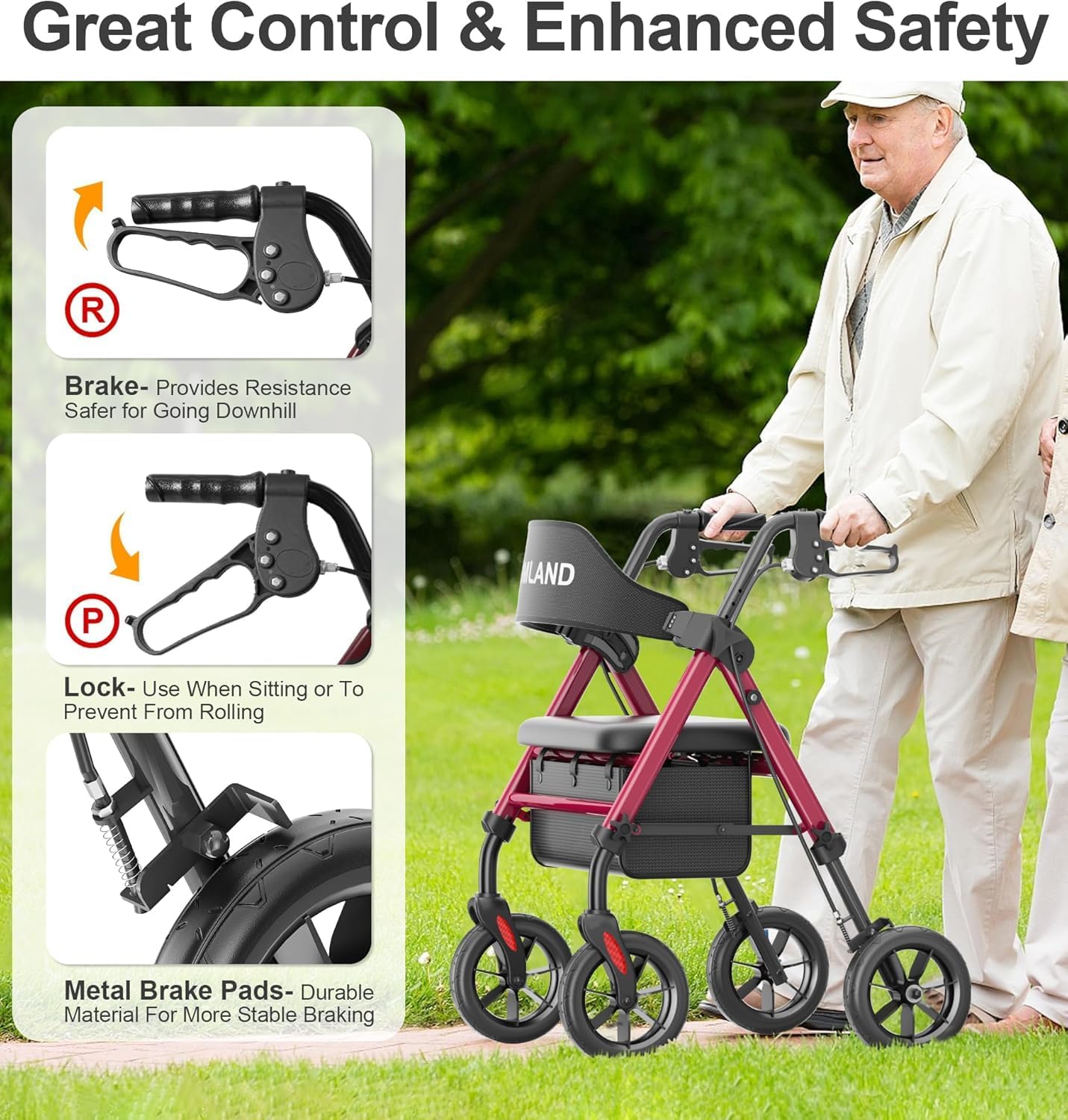 HOMLAND Walkers for Seniors with Seat, Foldable Rollator Walker, Reinforced Aluminum Frame, 8" Big Rubber Wheels for All Terrain, Height Adjustable Lightweight Rolling Walker - Image 6