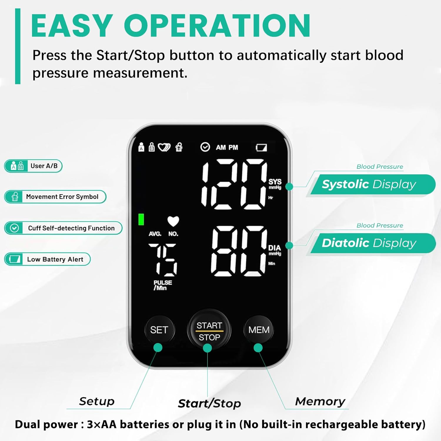 Oklar Blood Pressure Monitor Upper Arm Monitors for Home Use BP Machine Sphygmomanometer with 2x120 Reading Memory Adjustable Arm Cuff 8.7"-15.7" Large Display with LED Background Light Storage Bag - Image 3