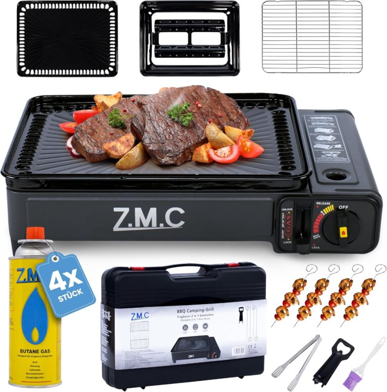 ZMC 2-in-1 tragbarer Campingkocher und Gasgrill klein inkl. Grillzubehör-Set und Koffer + 4x Gaskartuschen 227g, Balkontischgrill Gaskocher 2,2 kW mit LPG-Anschluss für Camping, Outdoor und Indoor