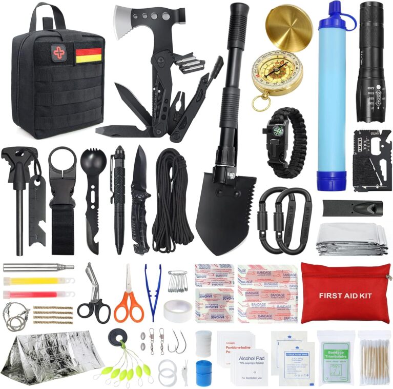 Outdoor-Notfall-Überlebensset mit Erste-Hilfe-Set, 180-teilig, Überlebensausrüstung mit Wasserfilter-Strohhalm, Multitool/Hammer/Axt, Geschenke für Männer, Camping, Abenteuer, Outdoor-Wandern