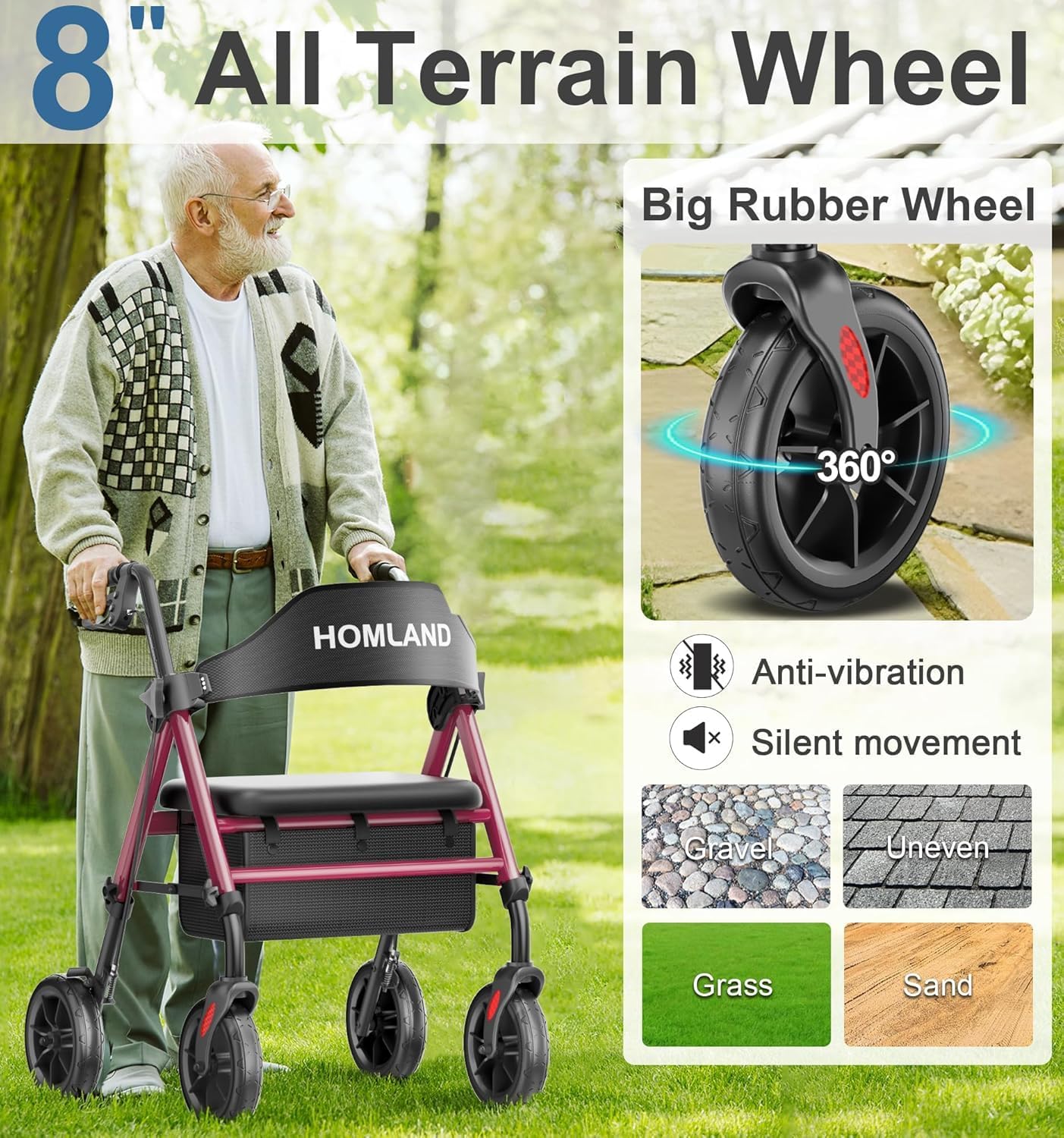 HOMLAND Walkers for Seniors with Seat, Foldable Rollator Walker, Reinforced Aluminum Frame, 8" Big Rubber Wheels for All Terrain, Height Adjustable Lightweight Rolling Walker - Image 3