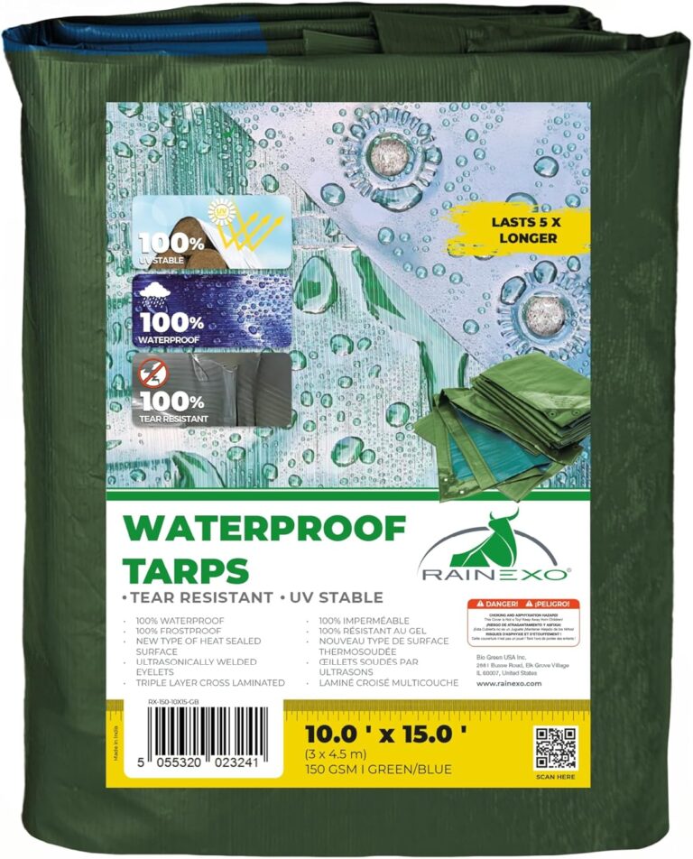 Wasserdichte Planen von Rainexo, 3 x 4,6 m, 10 mm dick, grün, robust, reißfest, recycelbar, UV-beständig, Mehrzweck-Plane für Outdoor, Camping, Möbel, Garten, Notunterkunft