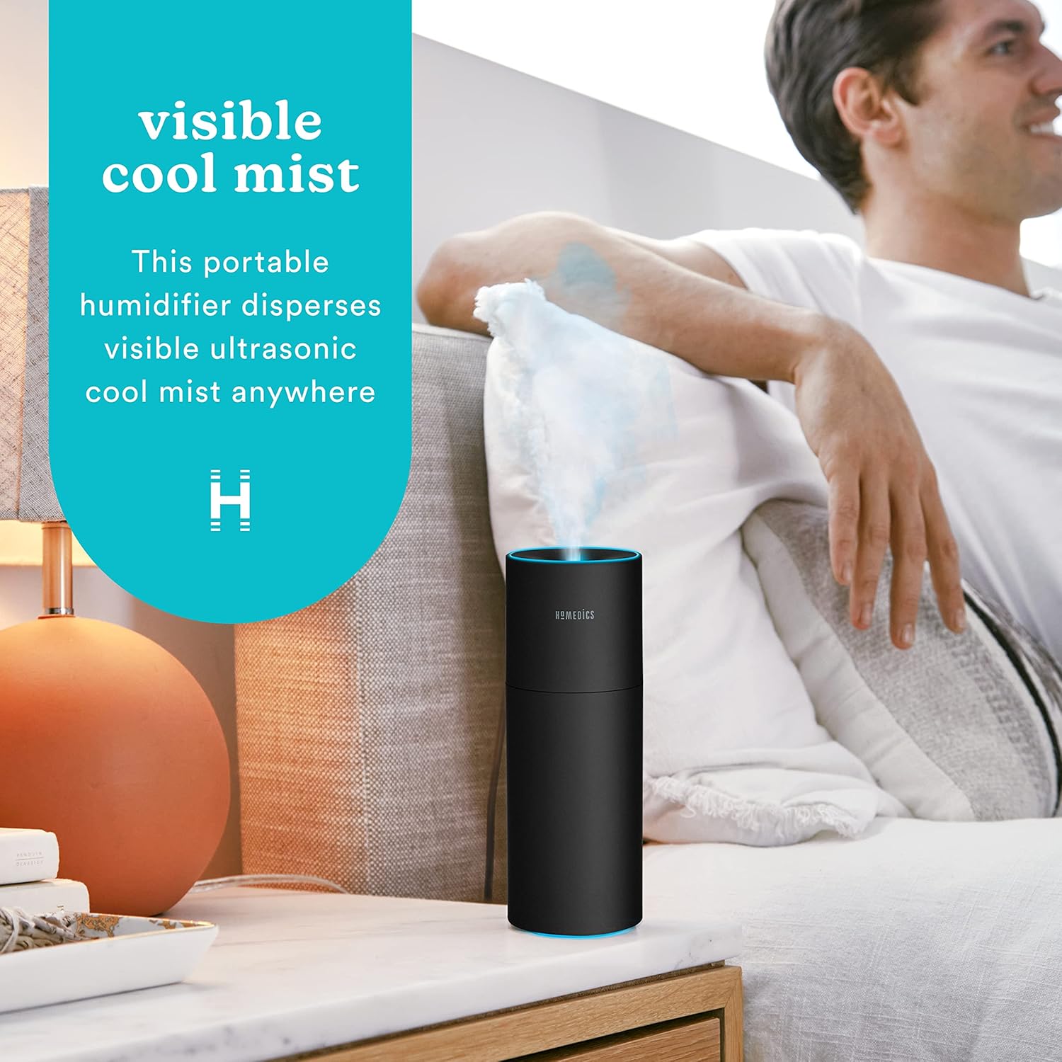 Homedics Portable Humidifier - Small Air Humidifiers for Bedroom, Plants, Office, Travel - Cool Mist Humidifiers, Color-Changing Accent Light, 2 Mist Settings, Matte Black - Image 2