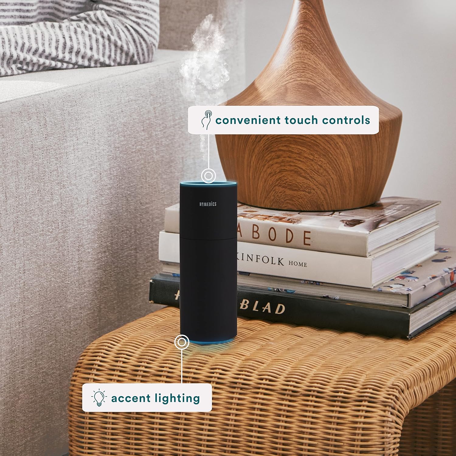 Homedics Portable Humidifier - Small Air Humidifiers for Bedroom, Plants, Office, Travel - Cool Mist Humidifiers, Color-Changing Accent Light, 2 Mist Settings, Matte Black - Image 6