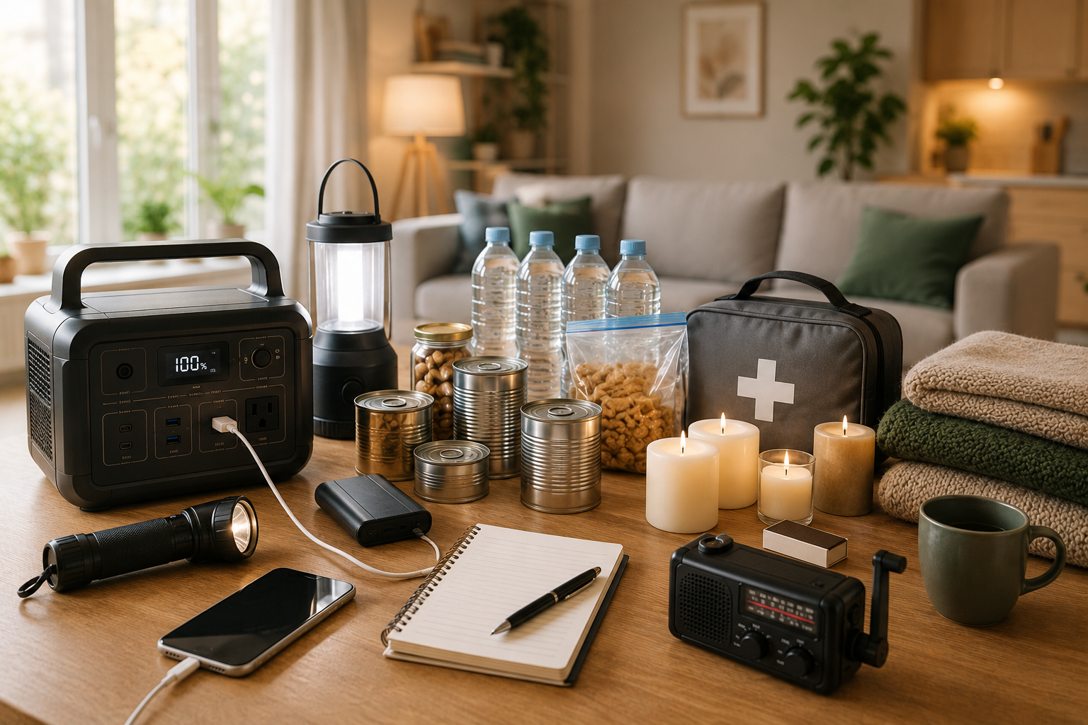 Vorbereitetes Zuhause mit Notstrom, Taschenlampe, Radio und Sicherheitsausrüstung für Stromausfall