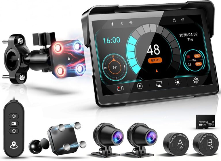 2026 LBW 7″ Wireless GPS Motorcycle CarPlay(Includes 128G SD) with Android Auto Navigation, Dual 2K Dash Cam, HD Waterproof Screen, TPMS, Remote Control, BT, Magnetic Design Mount Review