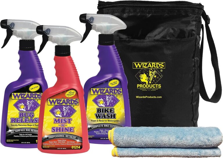 Wizards Motorcycle Cleaning Kit – Bike Wash Foam and Rinse, Quick Detailer Spray, and Bug Remover with Fiber Cloth and Detailing Bag – Portable Motorcycle Wash Kit with Accessories Review